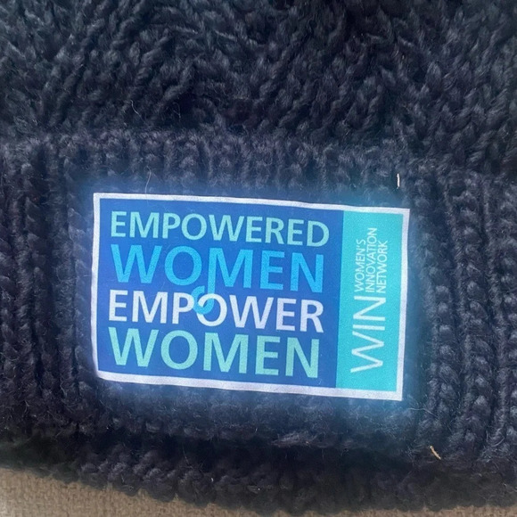 NWT “Empowered Women Empower Women” Navy Knit Beanie with Fur Pom Pom One Size - Picture 3 of 7
